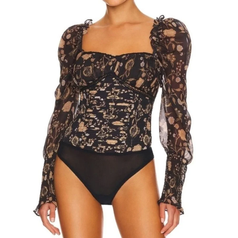 NWT Free People Intimately Brunch Daye Black Combo Floral Sheer Bodysuit
